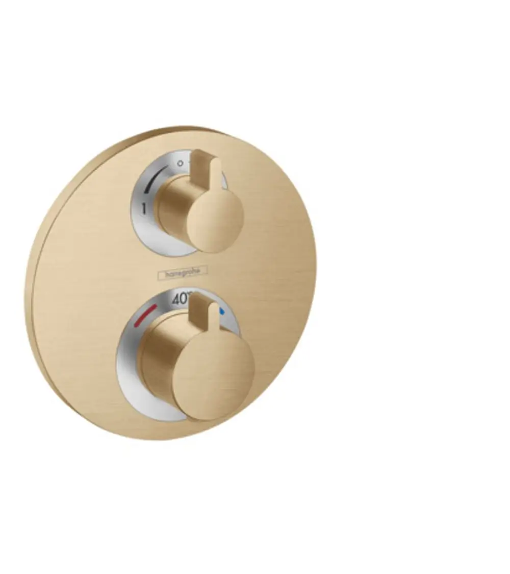 Thermostat-Einheit von Hansgrohe mit zwei Drehreglern für Temperatur- und Durchflussregelung, in matter, gebürsteter Bronze-Ausführung.